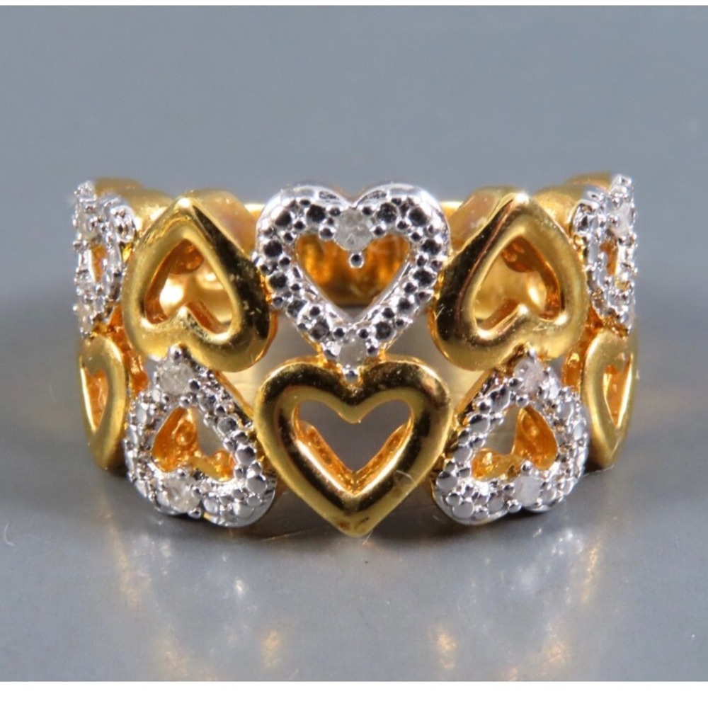 EMULOUS JTV Cocktail Ring 14K GOLD OVER BRASS 1/10ct Natural Diamonds HEARTS 6